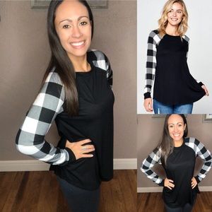 New Ivory Plaid Crew Neck Long Sleeve Top